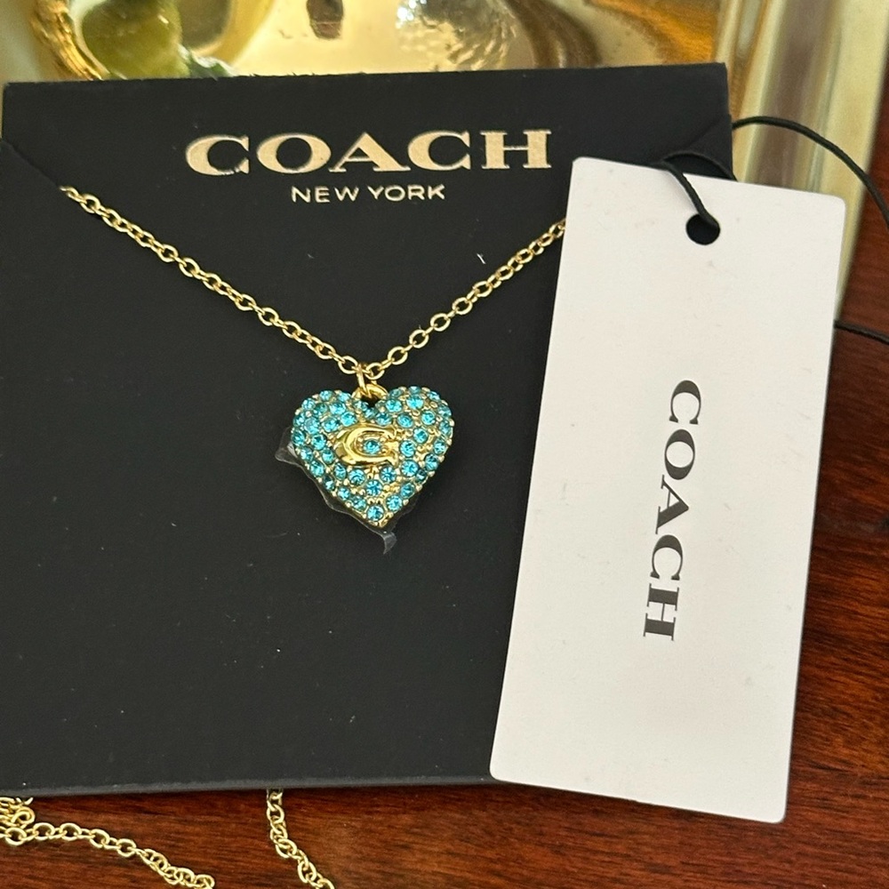 Coach Blue Pave Crystal Signature C Puffed Heart Necklace NWT - Picture 8 of 8